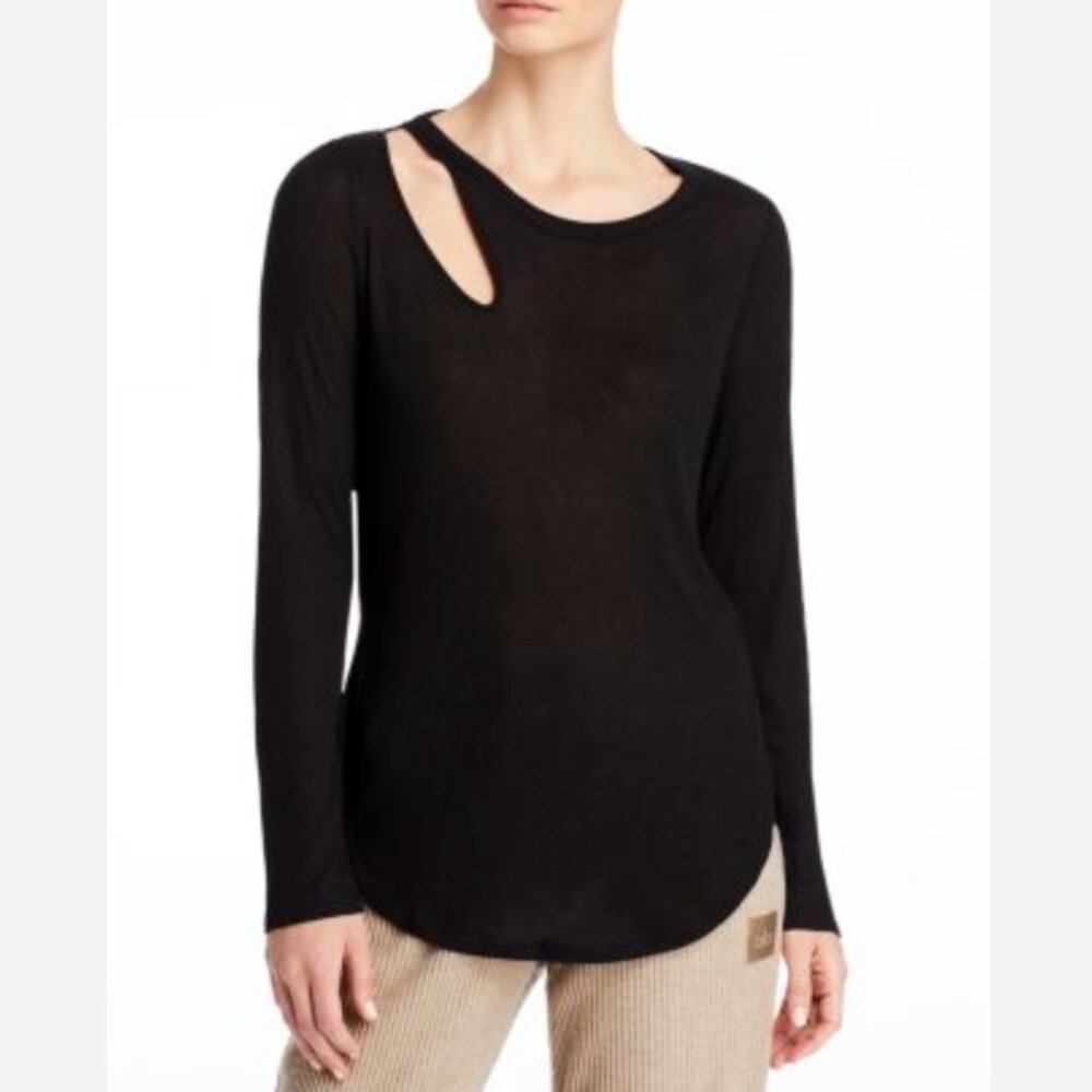 Alo Ribbed Peak Long Sleeved Black top, size M